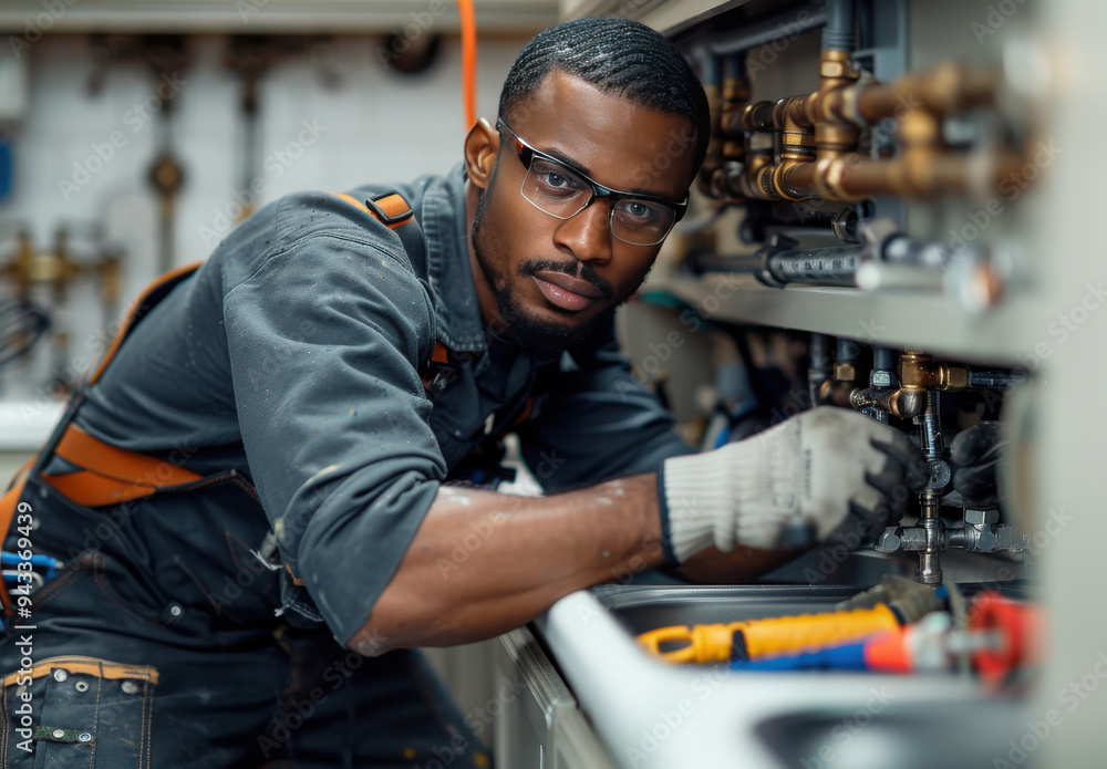 A man in overalls repairs a sink pipe under kitchen cabinets in a well-lit home interior A man in overalls repairs a sink pipe under kitchen cabinets in a well-lit home interior