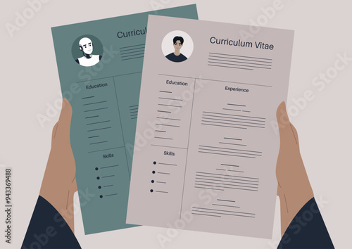 Two diverse curriculum vitae are held side by side, highlighting the distinct qualifications and attributes of a robot and a human, showcasing their comparative strengths