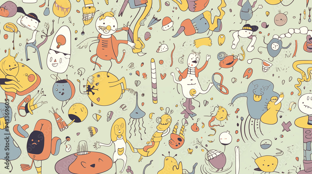 Fototapeta premium Playful Cartoon Characters And Objects Pattern With Green Background