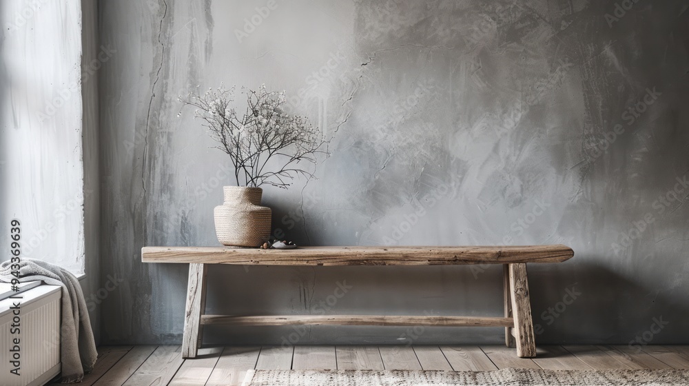 Interior stylish with cozy wooden tone, light and shadow from natural light. A long wooden bench. Interior stylish with cozy wooden tone, light and shadow from natural light. A long wooden bench.