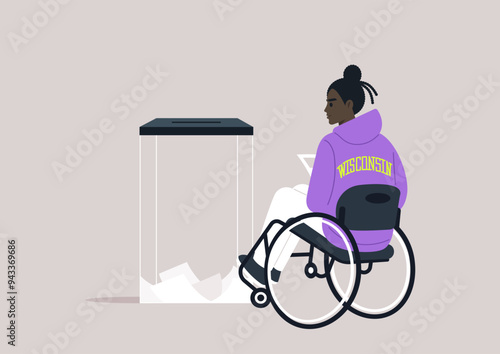 A person in a purple hoodie seated in a wheelchair casts their vote into a ballot box, symbolizing inclusivity and the democratic process
