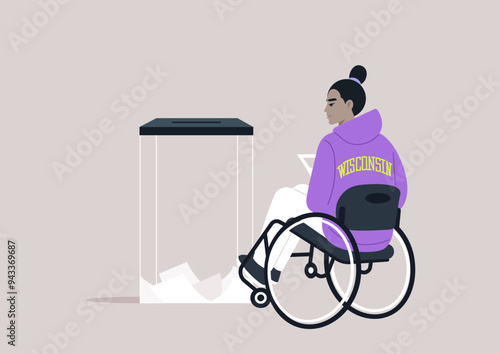 A person in a purple hoodie seated in a wheelchair casts their vote into a ballot box, symbolizing inclusivity and the democratic process