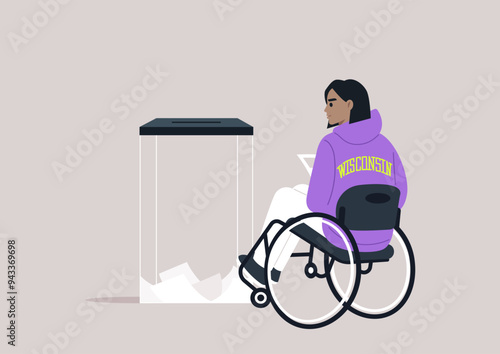 A person in a purple hoodie seated in a wheelchair casts their vote into a ballot box, symbolizing inclusivity and the democratic process