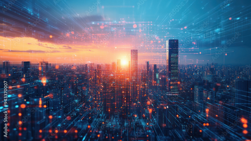Futuristic cityscape showing data flowing into network hub at sunset Futuristic cityscape showing data flowing into network hub at sunset