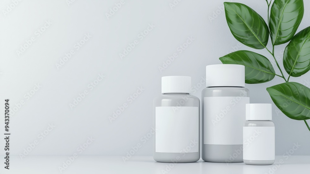 Stylish skincare bottles, clean and blank labels, serene aesthetic, 3D illustration Stylish skincare bottles, clean and blank labels, serene aesthetic, 3D illustration