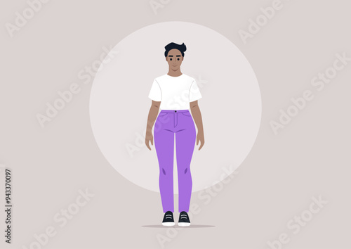 A stylish character confidently showcases her curvy hips while wearing a casual white tee and vibrant purple pants against a minimalist background