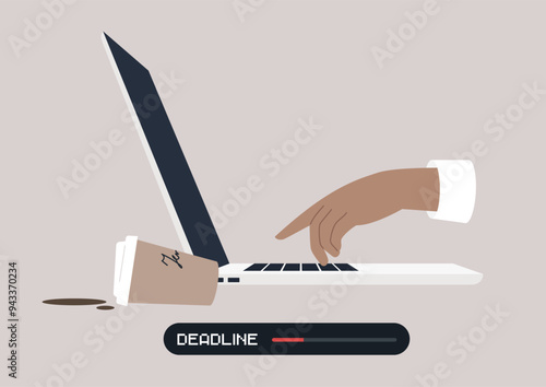 A hand poised over a laptop keyboard signifies intense focus, with a coffee cup spilling beside it, highlighting the urgency of meeting an upcoming deadline