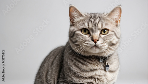 Portrait of a silver tabby British Shorthair cat looking attentive photo