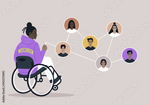 A wheelchair user engages with a network of diverse individuals, symbolizing connectivity and community, while showcasing the importance of inclusivity and friendship in everyday life