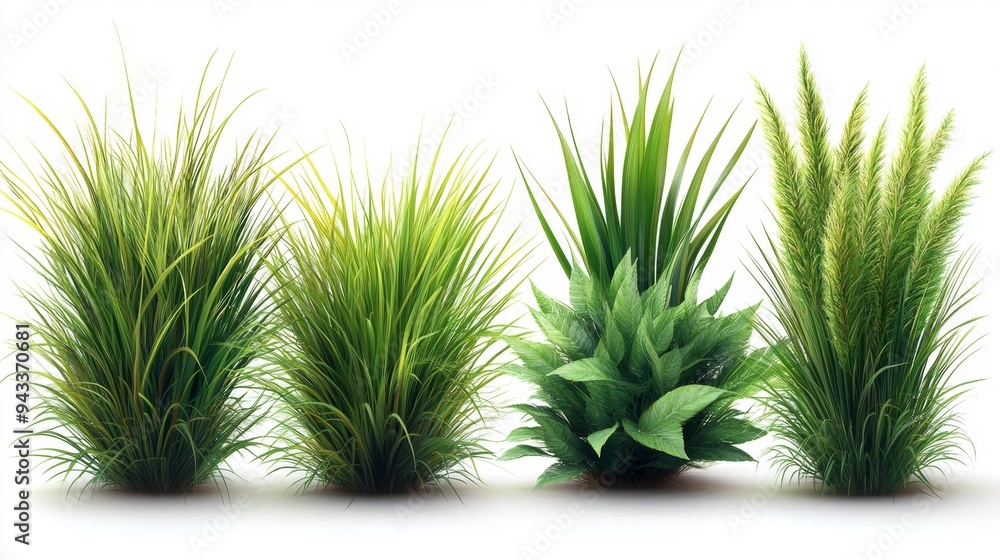 Variety of Green Grass Plants Isolated on White Generative AI Variety of Green Grass Plants Isolated on White Generative AI