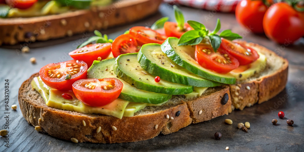 A slice of toasted sour dough bread with avocado and tomato on top A slice of toasted sour dough bread with avocado and tomato on top