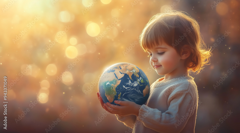 Naklejka premium A young child holding a globe of the Earth, symbolizing the future generation's connection to and care for the planet, concept of sustainability, and global responsibility.