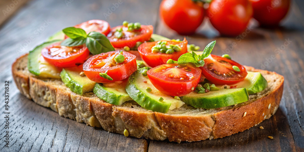 A slice of toasted sour dough bread with avocado and tomato on top A slice of toasted sour dough bread with avocado and tomato on top
