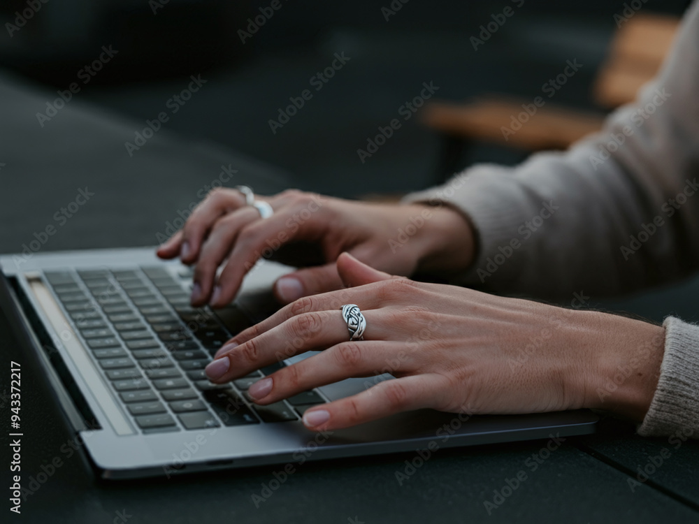 Woman working on laptop computer in coffee shop, freelancer, digital nomad, business woman in casual clothes, working online, typing on laptop, surfing internet in cafe, remote work Woman working on laptop computer in coffee shop, freelancer, digital nomad, business woman in casual clothes, working online, typing on laptop, surfing internet in cafe, remote work