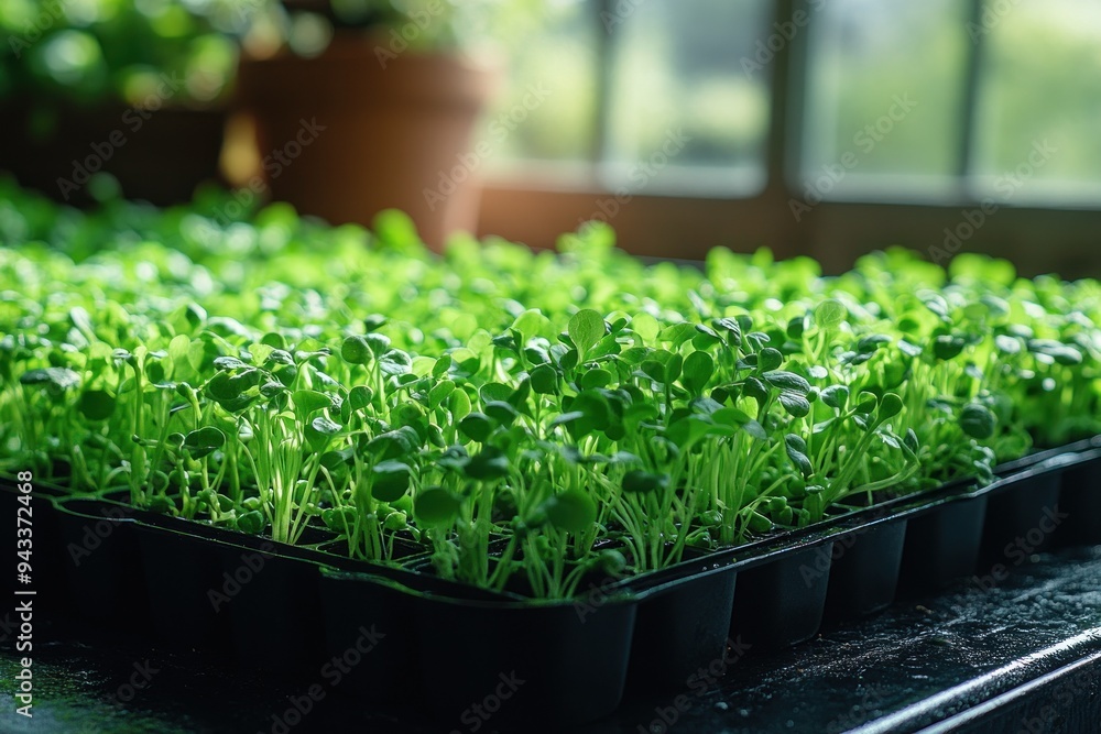 Rectangular black tray with dense microgreens by window Rectangular black tray with dense microgreens by window