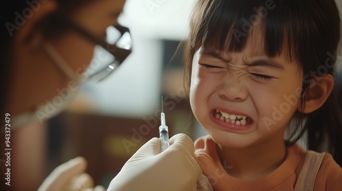 Close-up image of an Asian child crying as they are being forced to receive a shot in the shoulder.  Emphasize the emotional distress of the moment.