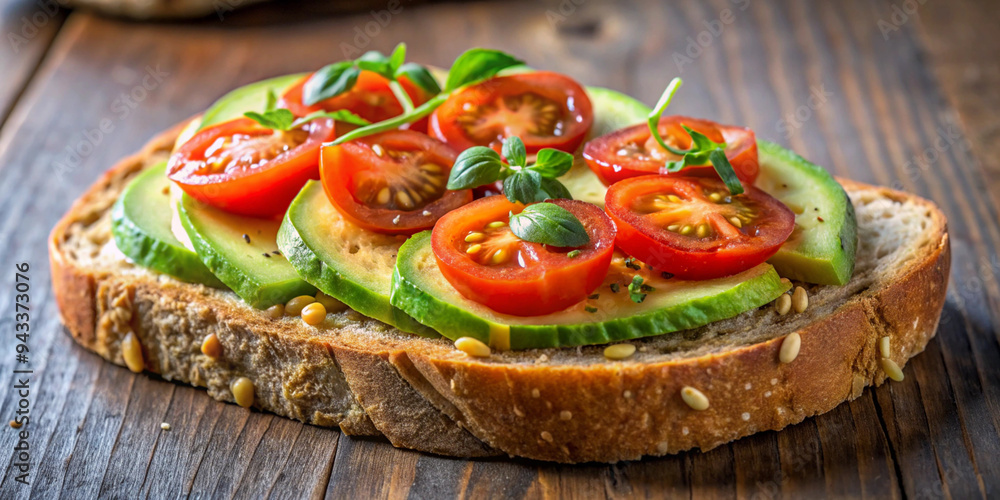 A slice of toasted sour dough bread with avocado and tomato on top A slice of toasted sour dough bread with avocado and tomato on top