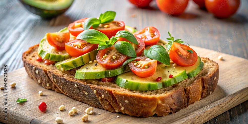 A slice of toasted sour dough bread with avocado and tomato on top A slice of toasted sour dough bread with avocado and tomato on top