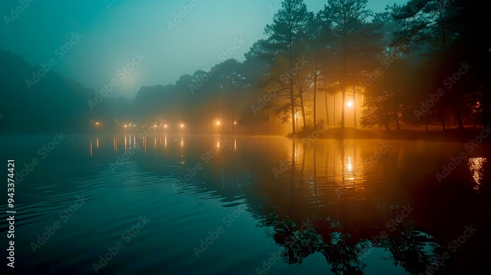 Foggy Night Scene with Trees and Lights Reflecting in Calm Water Foggy Night Scene with Trees and Lights Reflecting in Calm Water