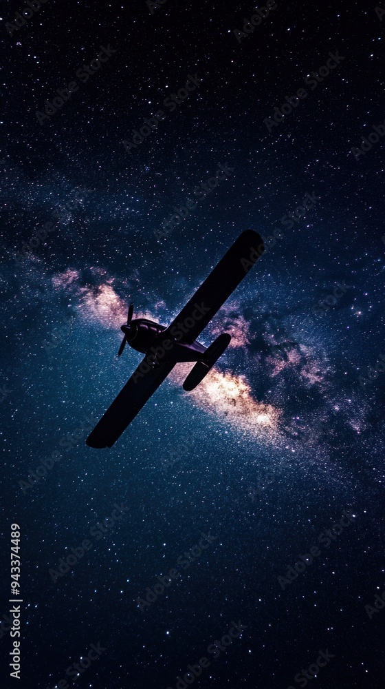 Single engine plane flies through starry night sky, Milky Way. Single engine plane flies through starry night sky, Milky Way.