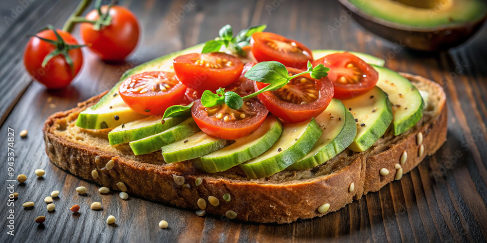 A slice of toasted sour dough bread with avocado and tomato on top A slice of toasted sour dough bread with avocado and tomato on top