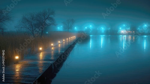 Wallpaper Mural A Wooden Dock Extends Into a Foggy Lake at Night Torontodigital.ca