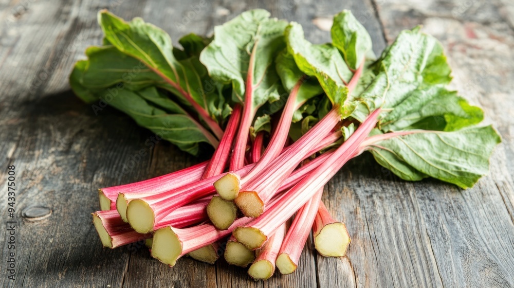 Fresh Rhubarb Stalks on a Rustic Wooden Surface
