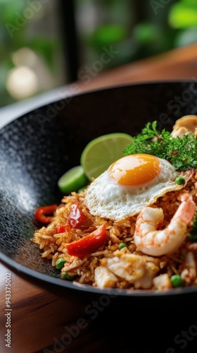 Fried rice or Nasi Goreng with shrimps and fried egg on black plate. japanese food style 