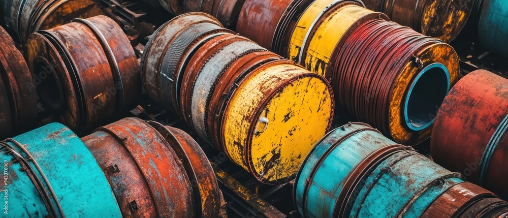 Stacked Rusty Metal Pipes with Various Colors and Textures Stacked Rusty Metal Pipes with Various Colors and Textures