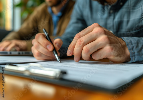 Man and wife sign a real estate contract at home with agent present