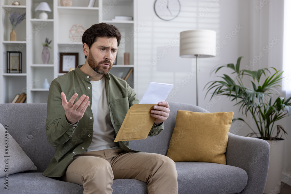 Man with beard sitting on couch looking at letter with confused expression. He appears worried and uncertain about the contents. Modern living room setting enhances feelings of domestic stress Man with beard sitting on couch looking at letter with confused expression. He appears worried and uncertain about the contents. Modern living room setting enhances feelings of domestic stress