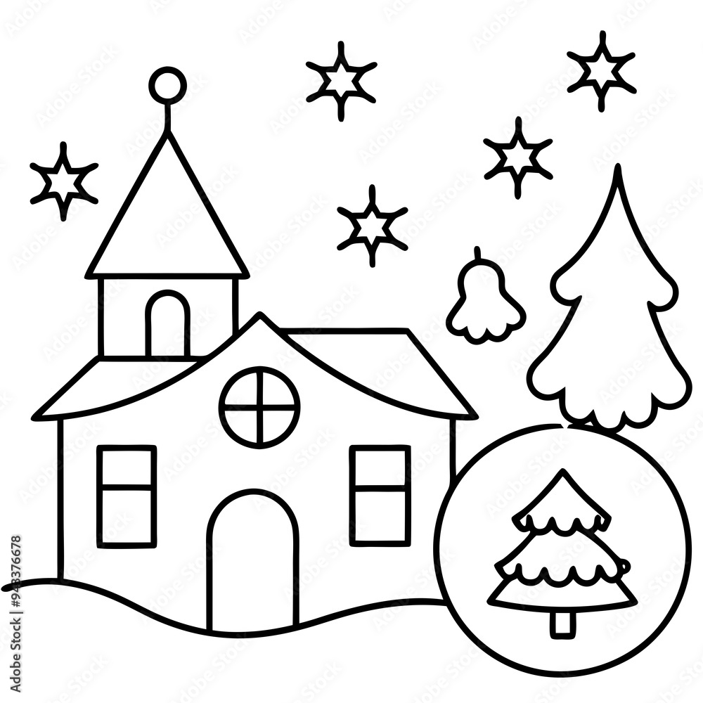 christmas tree with house.christmas line art design. christmas tree with house.christmas line art design.