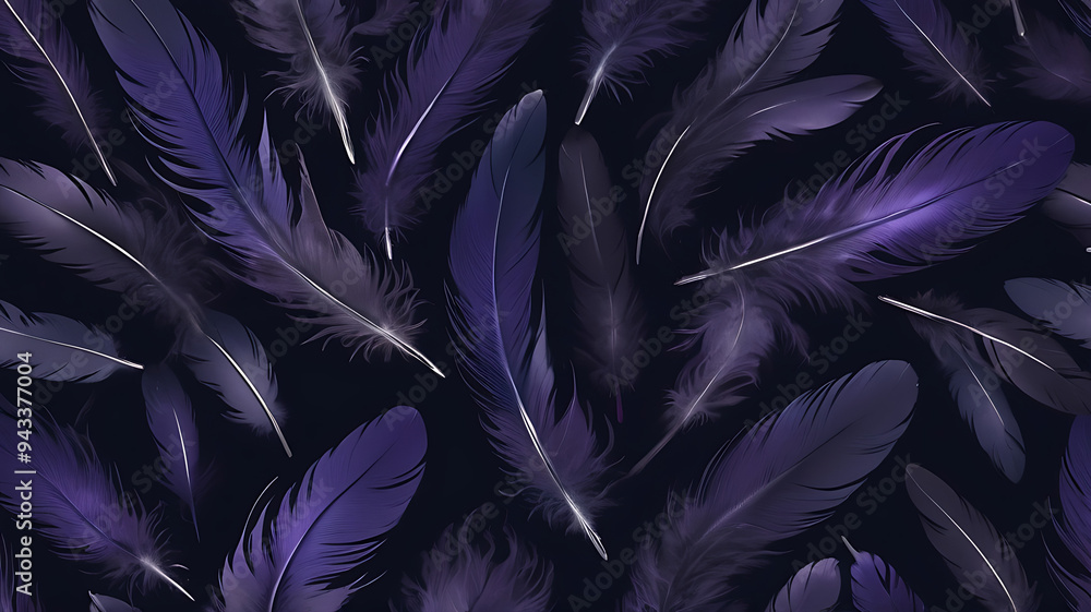 Fototapeta premium an image of a bunch of dark purple and black feathers with a mysterious aura, arranged on an isolated plain deep navy blue background.