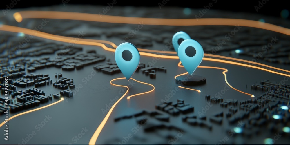 Fototapeta premium Digital 3D Map with Blue Pins and Glowing Route Lines