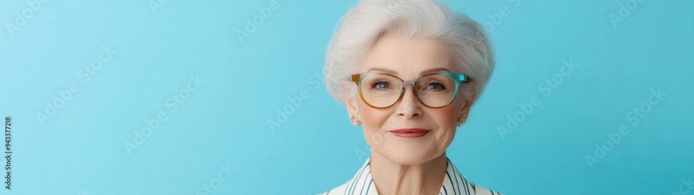 Excited Elderly Woman in Stylish Stripes Against Blue Background, Close-Up Portrait of a Cheerful Pensioner with a Minimalist Aesthetic and Ample Empty Space Excited Elderly Woman in Stylish Stripes Against Blue Background, Close-Up Portrait of a Cheerful Pensioner with a Minimalist Aesthetic and Ample Empty Space