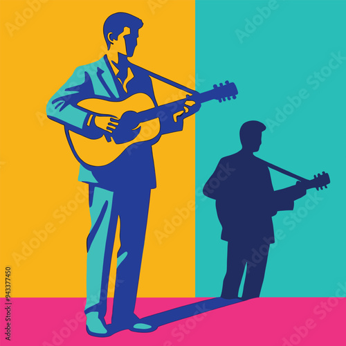 A man playing a guitar has shadows stretching all the way to the wall. Vector illustration