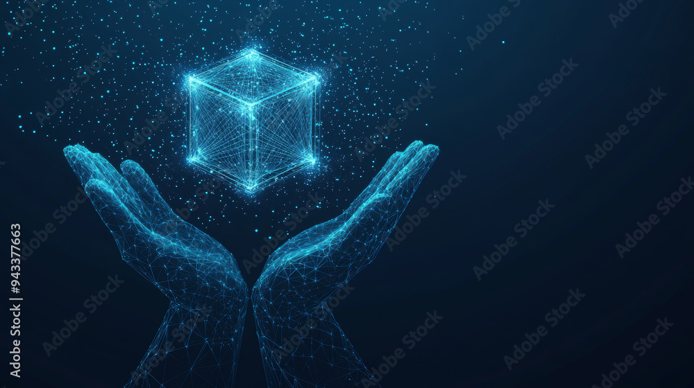 Abstract digital hands presenting a hologram of a blockchain symbol, rendered in a futuristic low poly wireframe style. Depicts concepts of virtual reality or the metaverse on a blue tech backdrop.
Abstract digital hands presenting a hologram of a blockchain symbol, rendered in a futuristic low poly wireframe style. Depicts concepts of virtual reality or the metaverse on a blue tech backdrop.