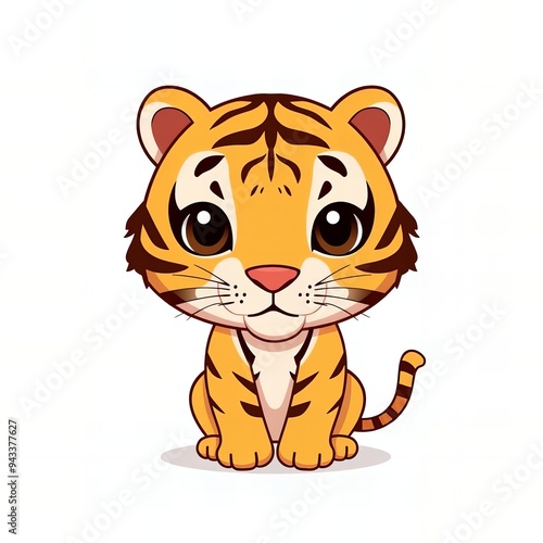 cartoon tiger sitting down with big eyes and a white background.