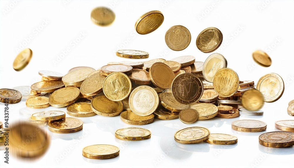 Golden coins floating money white background investment. Golden coins floating money white background investment.