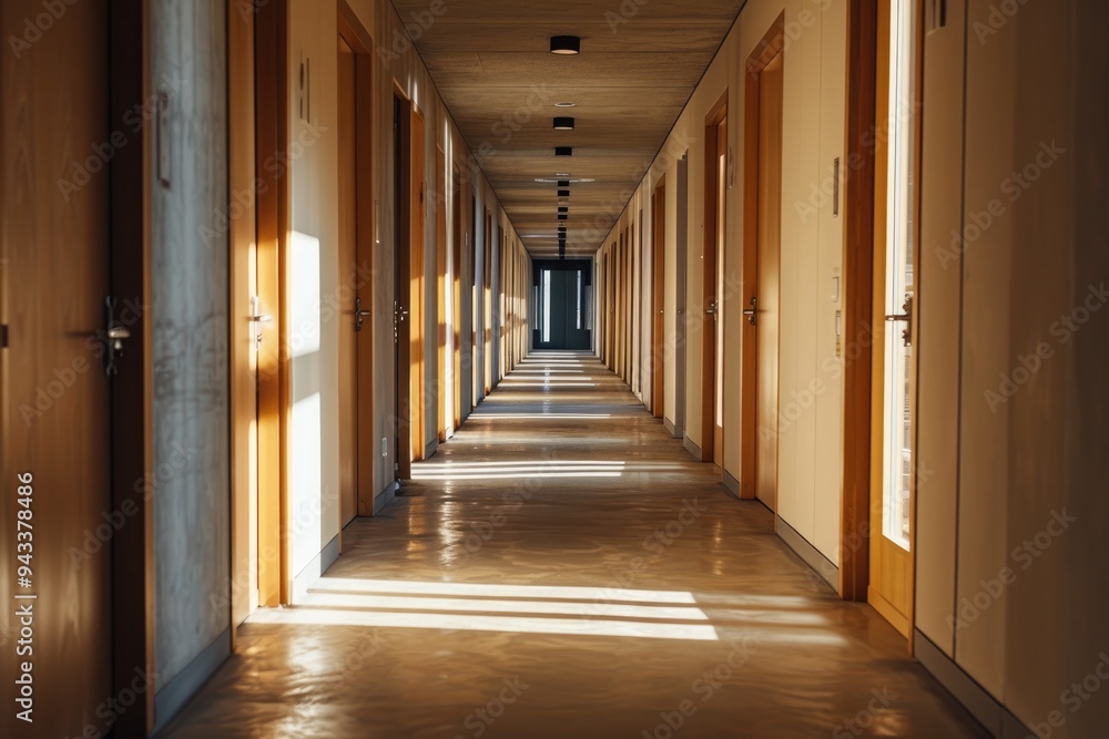 Light-filled Office Corridor: A Spacious Passageway with Wood Doors Light-filled Office Corridor: A Spacious Passageway with Wood Doors