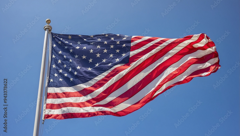 USA flag waving proudly against a clear blue sky symbolizing patriotism USA flag waving proudly against a clear blue sky symbolizing patriotism