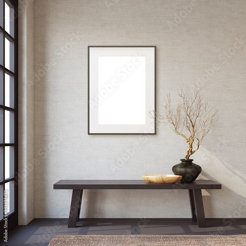 Wabi-sabi interior of entryway. 3d render.