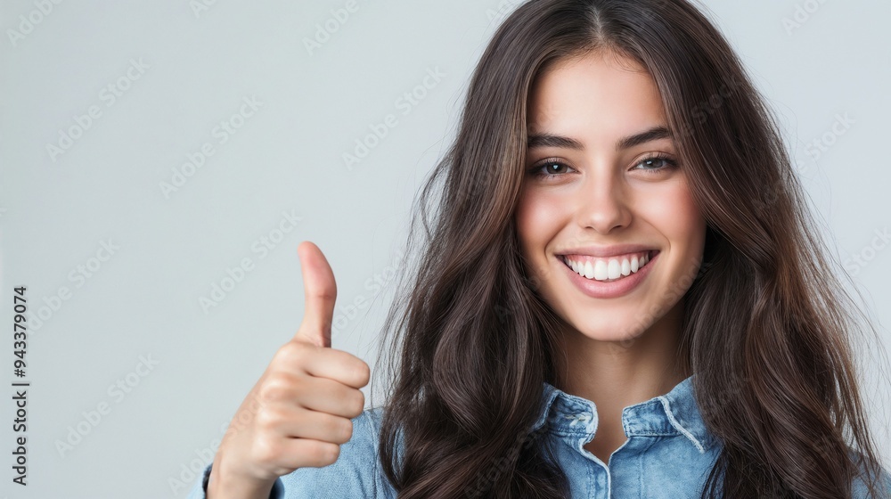 A Happy Young Woman Smiling and Giving a Thumbs Up in Her Casual and Stylish Outfit A Happy Young Woman Smiling and Giving a Thumbs Up in Her Casual and Stylish Outfit