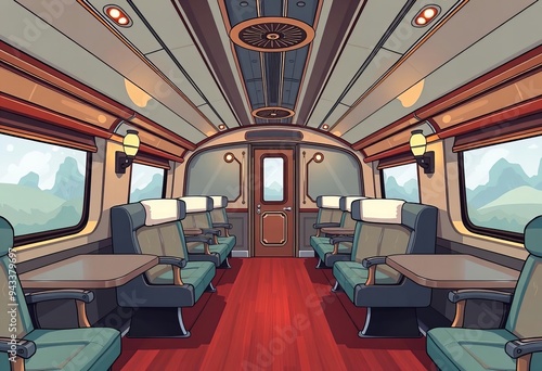 there is a train car with a lot of seats and tables.