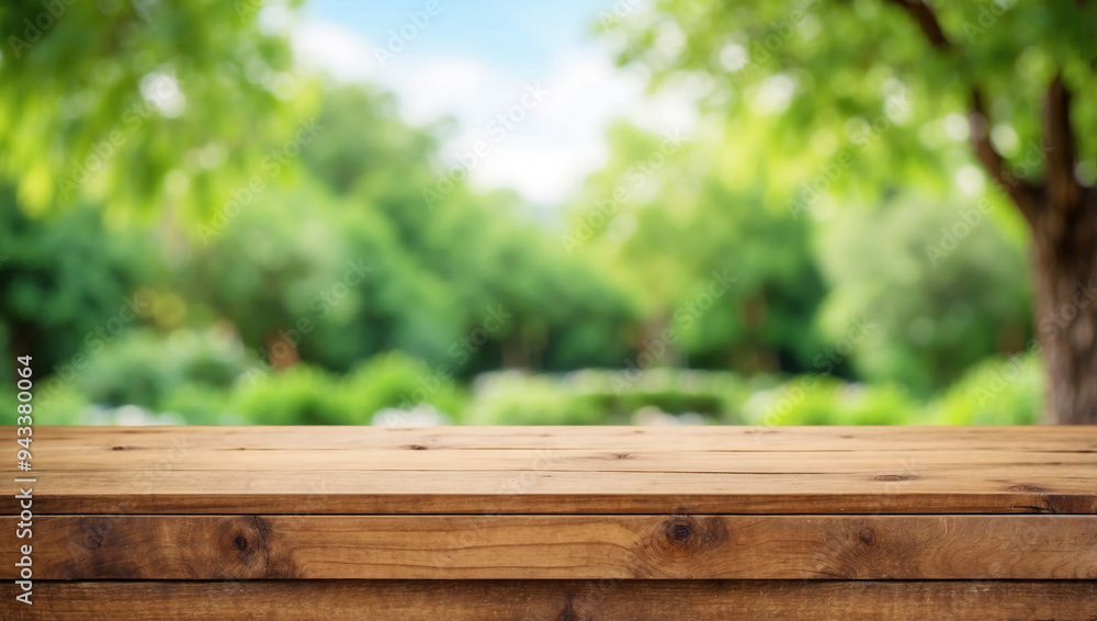 Wooden table against a blurred green nature garden background Wooden table against a blurred green nature garden background