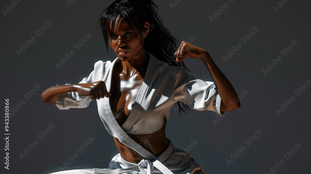 Obraz premium The martial artist is in a powerful karate stance, demonstrating concentration and skill while illuminated by striking lighting