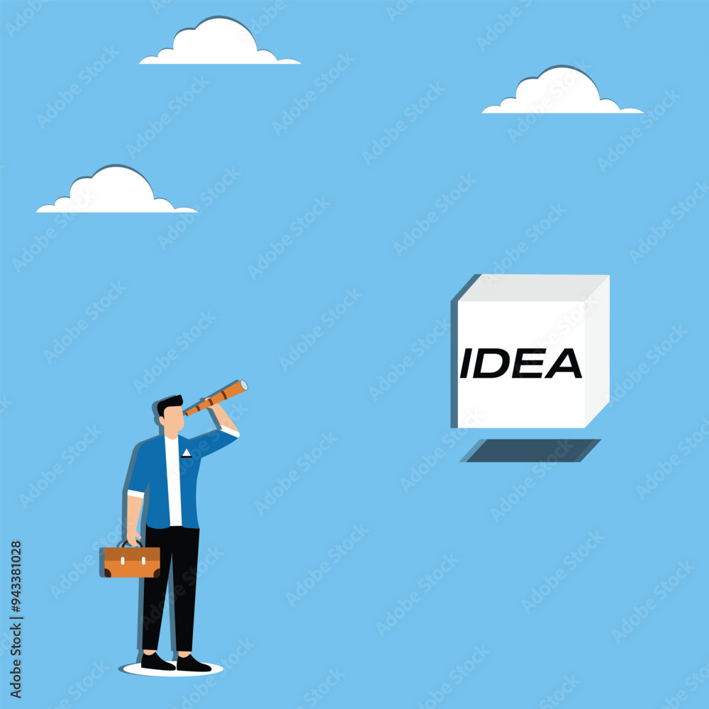 Man looks through binoculars near cubes with idea Man looks through binoculars near cubes with idea