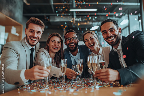 photo of a group of young professionals celebrating a successful project in a modern office, with confetti and champagne, capturing the joy of achievemen photo