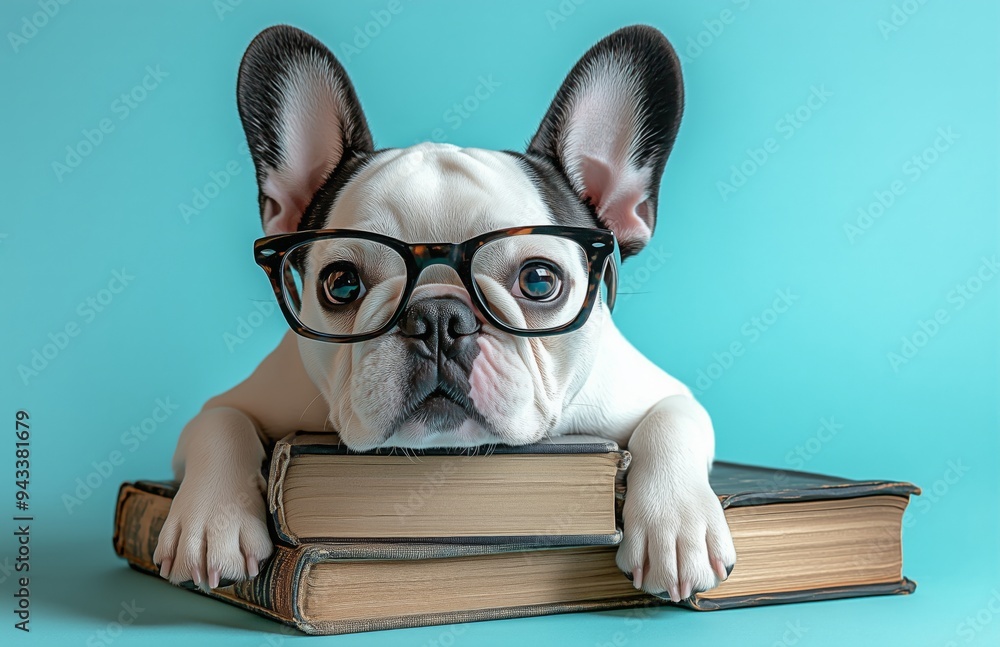 A French Bulldog with glasses is lying on books, appearing studious and focused A French Bulldog with glasses is lying on books, appearing studious and focused