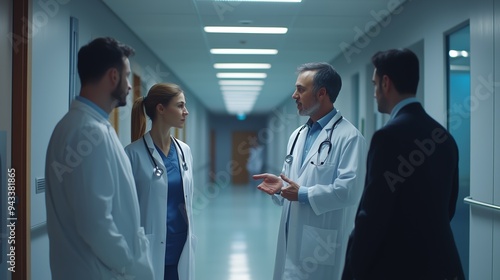 Medical professionals engage in discussion in a hospital corridor while assessing patient care during evening rounds